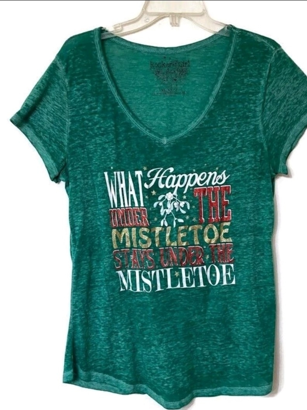 Rocker Girl Green V-Neck Mistletoe Graphic Tee